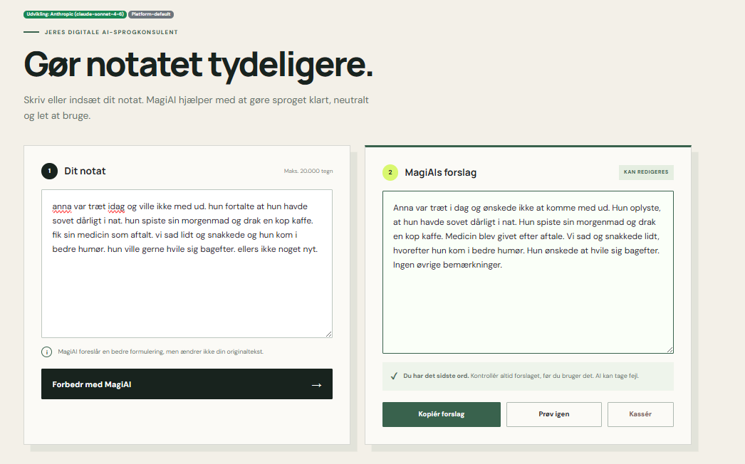 MagiAI med Annas oprindelige notat til venstre og det forbedrede forslag til højre